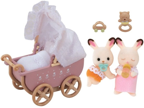 Sylvanian Families Sæt Med Chokoladekanin Tvillingerne Barnevogn