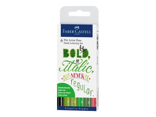 Faber-Castell Pitt Artist Pen Handlettering - Børstepen Og Fineliner-Sæt - Permanent - Assorterede Farver - Indienblæk (Pakke Med 6)