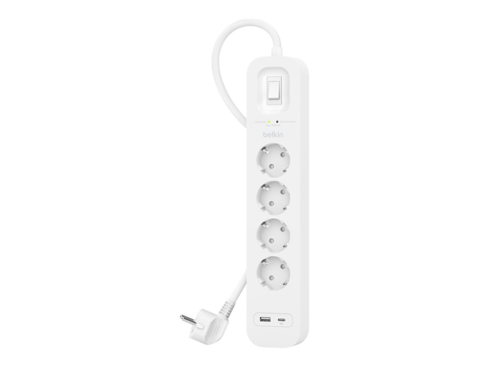 Belkin Connect - Overspændingsbeskytter - Med Usb-C- Og Usb-A-Porte - Udgangsstik: 4 - 2 M Ledning
