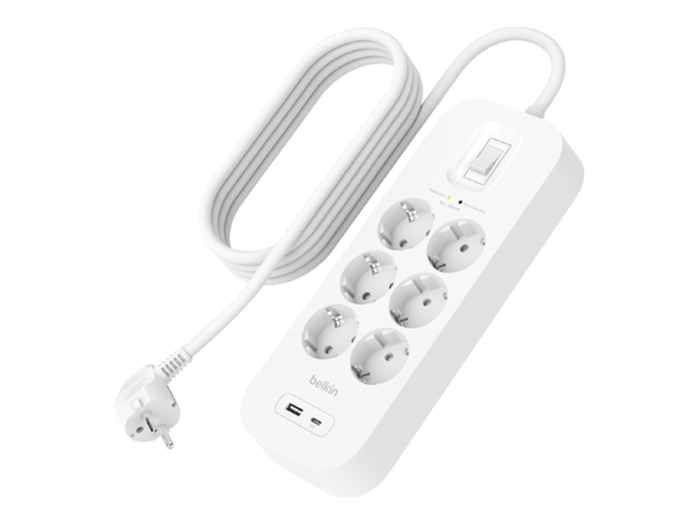Belkin Connect - Overspændingsbeskytter - Med Usb-C- Og Usb-A-Porte - Udgangsstik: 6 - 2 M Ledning