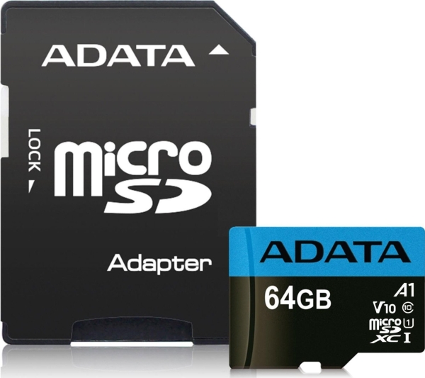 64GB MicroSDXC card with SD Adapter, UHS-I, Class 10, A1, blue