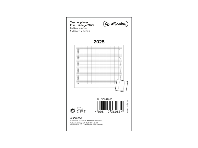 Herlitz Taschenplaner Ersatzeinlage 2025 Mit Leporello-Falzung, Tasche, 32 Seiten, Schwarz, Weiß, Papier, Deutsch, 12 Monat( E)