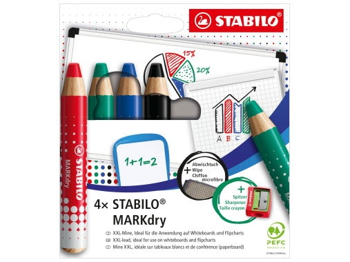 STABILO MARKdry, 4 stk, Sort, Blå, Grøn, Rød, Flerfarvet, Rund, Træ, 1 cm