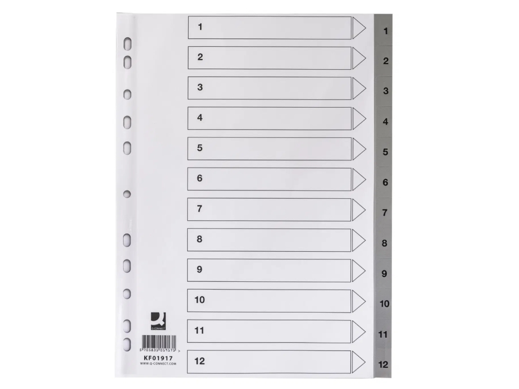 Q-CONNECT KF01917, Numeriska registerflikar, Polypropylen (PP), Grå, 225 mm, 297 mm, 14,4 mm | Arkivlådor | GameStuff