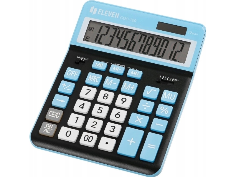 Eleven ELEVEN toimistolaskin musta CDC120BKCY valkoiset ja vaaleansiniset näppäimet ja vaaleansininen kehys näytön ympärillä