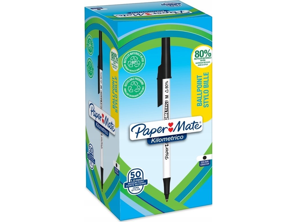 Paper Mate kulpen Kilometrico Reycycled M svart 50-pack vikt låda | Skrivredskap - Kulspetspennor & Reservoarpennor - Skrivbordspenn | GameStuff
