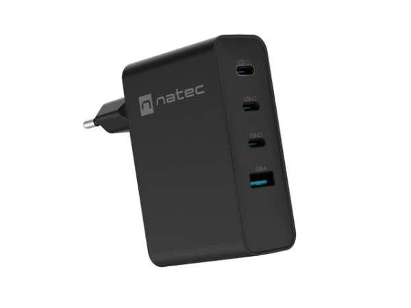 NATEC NUC-2234 GaN vægoplader 100 W - 3× USB-C + USB-A, hurtig opladning