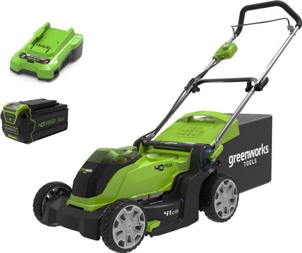 Greenworks 2504707Ub, Skubbe Plæneklipper, 41 Cm, 2,5 Cm, 8 Cm, 50 L, 90,3 Db