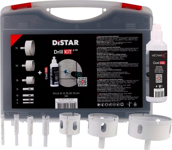 Distar DrillKIT 7st 6-70mm borrkronor + CoolGEL kit i låda för våt kakelborrning