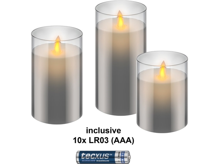 Sæt med 3 LED-stearinlys i voks i et glas, grå-transparent, inkl. 10x AAA (LR03)