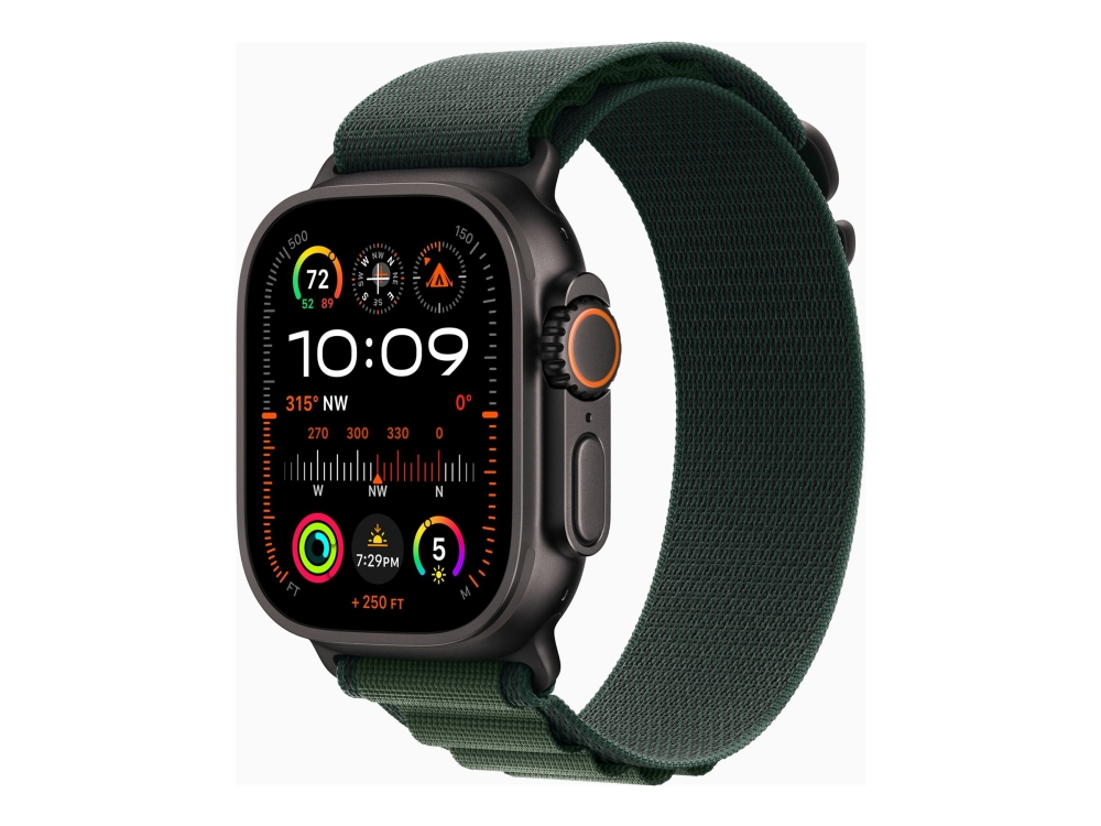 Apple Watch Ultra 2 - 49 Mm - Sort Titanium - Smart Ur Med Alpine Loop - Tekstil - Mørkegrøn - Båndstørrelse: S - 64 Gb - Lte, Wi-Fi 4, Uwb, Bluetoot