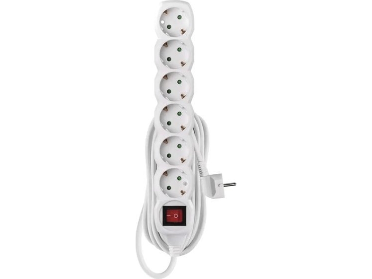 Emos Ilgiklis 6 Lizdų 5.0M Su Įžeminimu (Baltas), Su Jungikliu 1.5Mm²