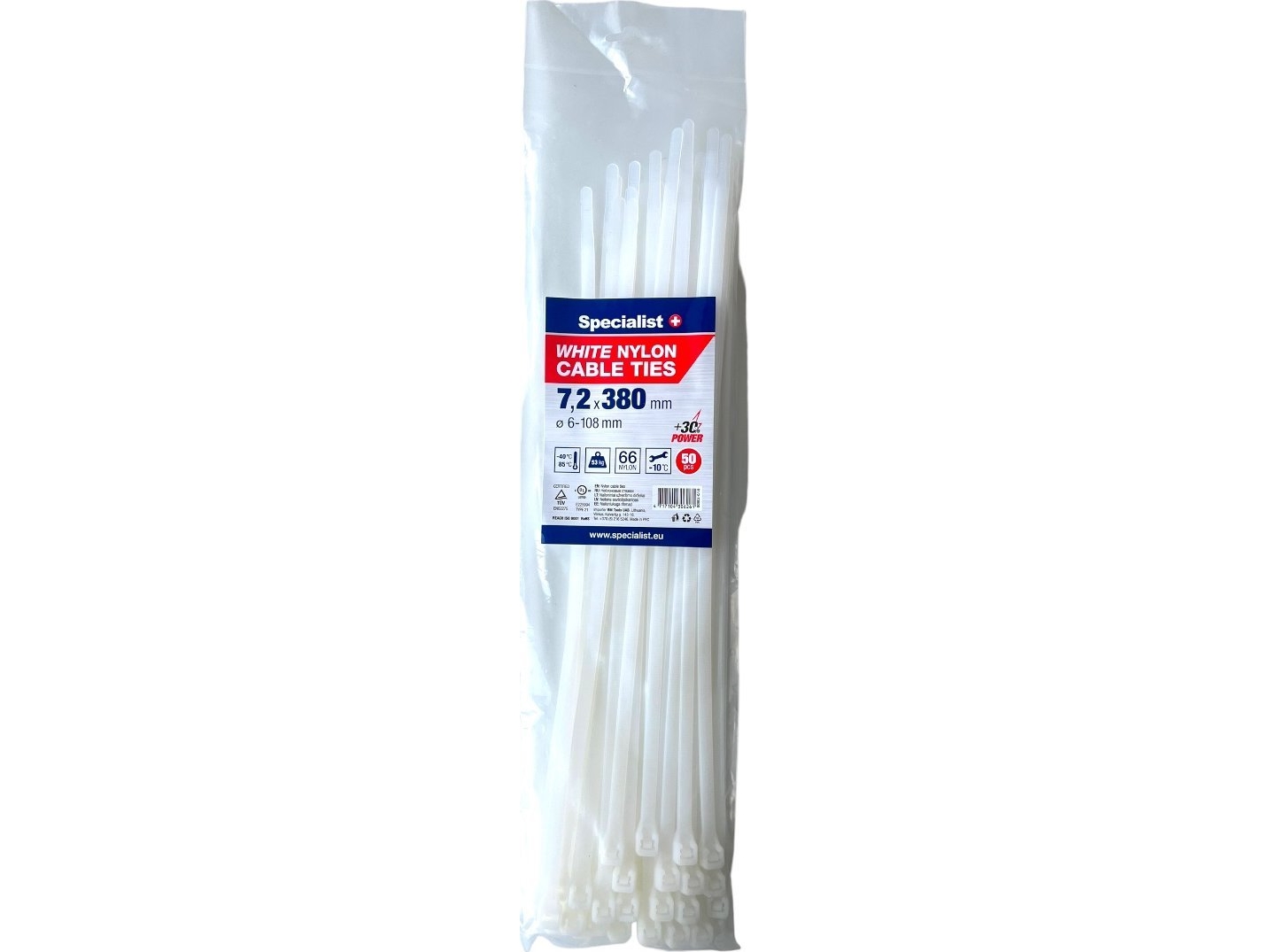 Specialist+ Nylon Cable Ties, White, 7.2X380 Mm, 50 Pcs