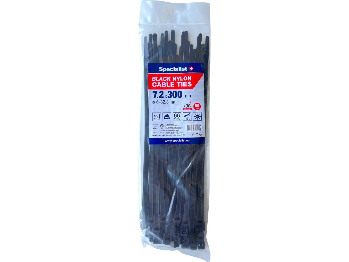 Specialist+ Nylon Cable Ties, Black, 7.2X300 Mm, 50 Pcs