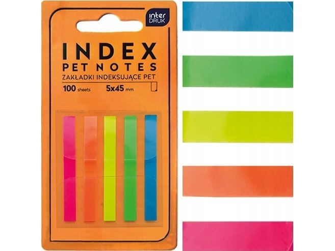 Interdruk indeksfaner / bogmærker strimler PET NOTES NEON 45 mm 100 stk