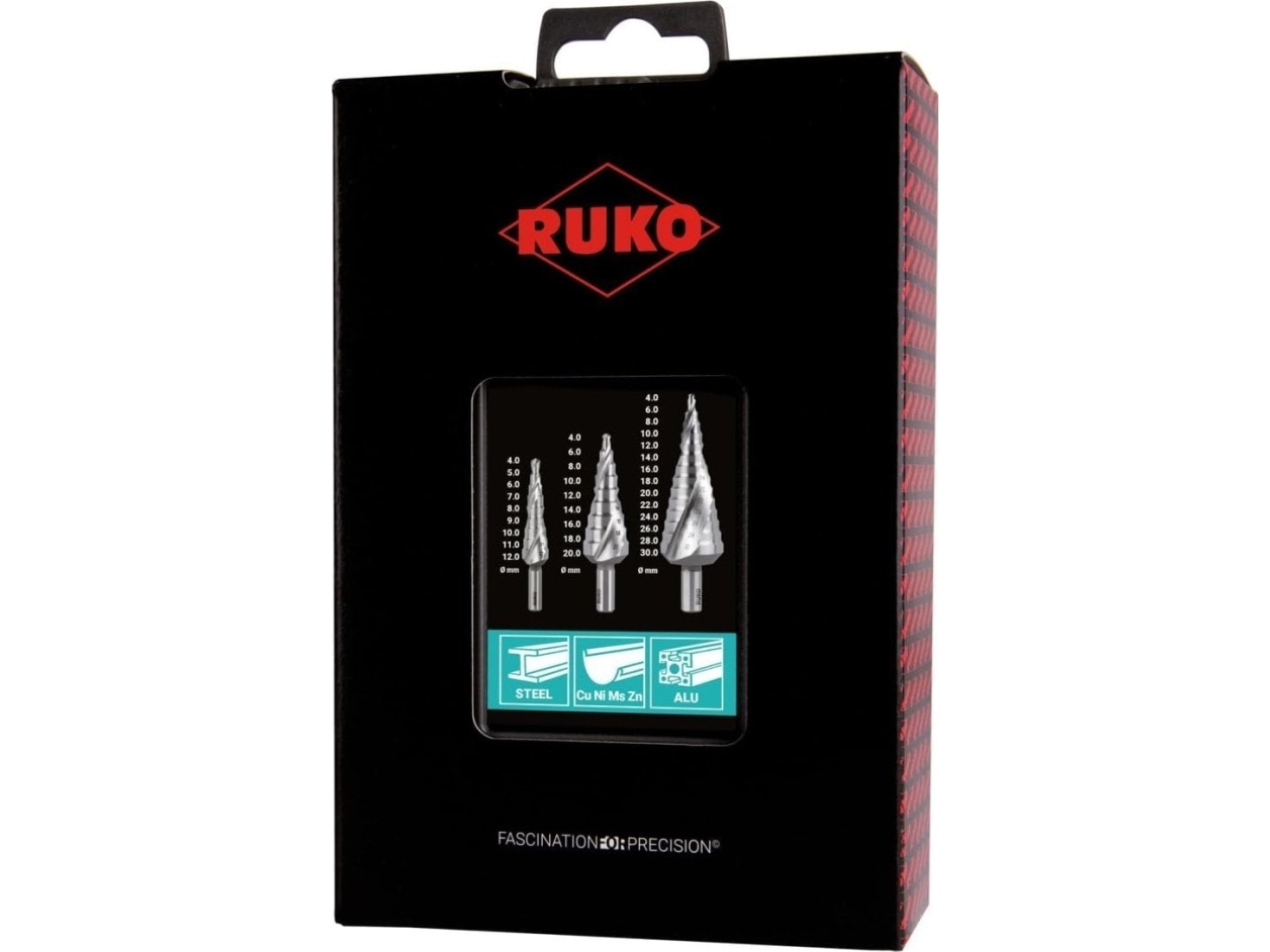 RUKO 101026RO Porrasporasarja 3 osaa 4 - 12 mm, 4 - 20 mm, 4 - 30 mm HSS 3-teräinen kahva 1 setti 1 setti