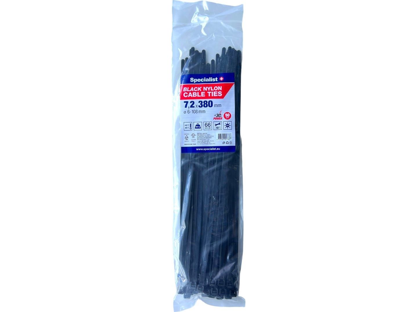 Specialist+ Nylon Cable Ties, Black, 7.2X380 Mm, 50 Pcs