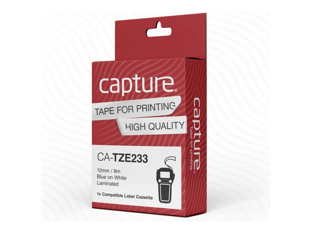 Capture - Nylon - Blå På Hvid - Rulle (1,2 Cm X 8 M) 1 Kassette Hængekasse - Lamineret Bånd (Alternativ Til: Brother Tze233)