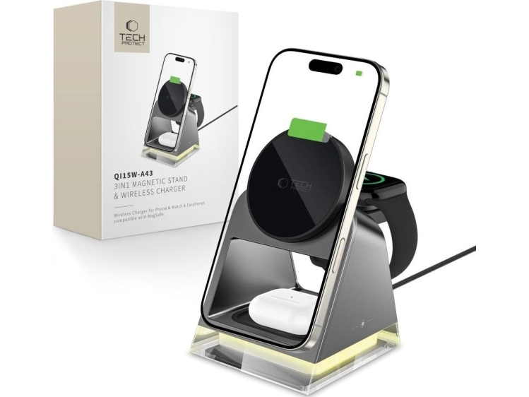 Tech-Protect Qi15w-A43 3In1 Magnetic Magsafe Wireless Charger Black