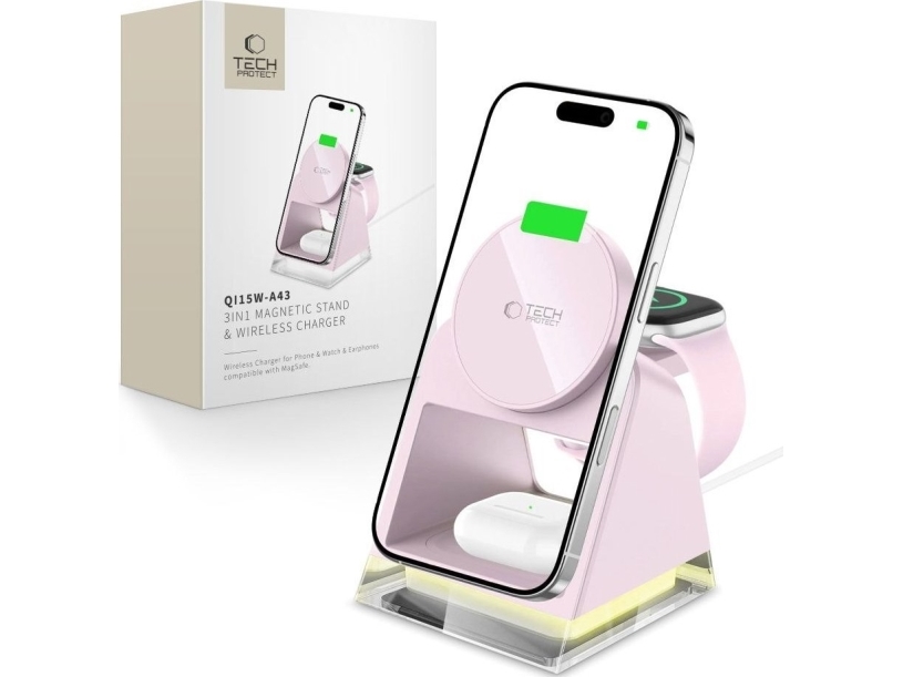 TECH-PROTECT QI15W-A43 3-i-1 magnetisk MagSafe trådlös laddare babyrosa | Datortillbehör - Laddare & Batterier - Bärbar nätaggregat | GameStuff
