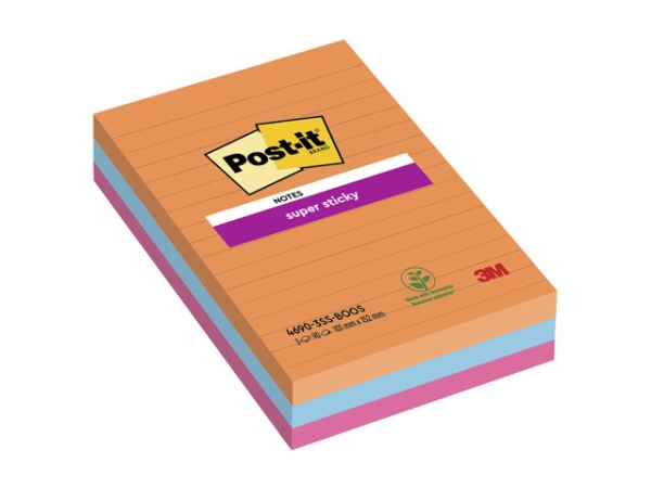Post It Blok Super Sticky Lin. Ass. 101x152mm 3blk/pak Boost Colour