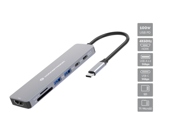 Conceptronic Donn28g, Kabelgebunden, Usb 3.2 Gen 1 (3.1 Gen 1) Typ-C, 100 W, Grau, Microsd (Transflash), Sd, 5 Gbit/Sec.