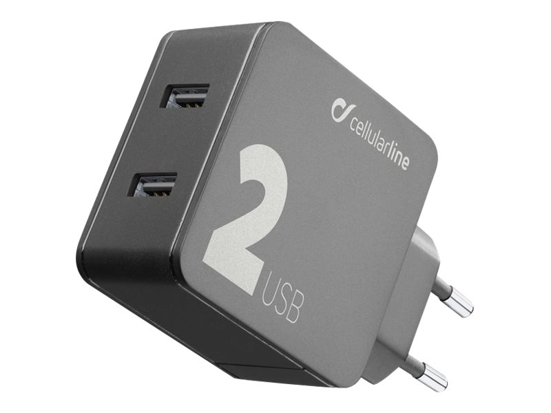Cellular Line Multipower 2 - Strømforsyningsadapter - 24 Watt - 2 Output-Stikforbindelser (Usb) - Sort