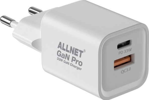 Z ALLNET erstatningsnetadapter QC USB-C PD GaN netadapter 33 watt 1x USB Type-A QC 1x USB Type-C**EU-stik**