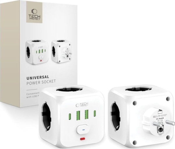 Tech-Protect Pcl3x4 Strømskinne, 2X Usb-A, 2X Usb-C, 3X Ac Type Schuko - Hvid