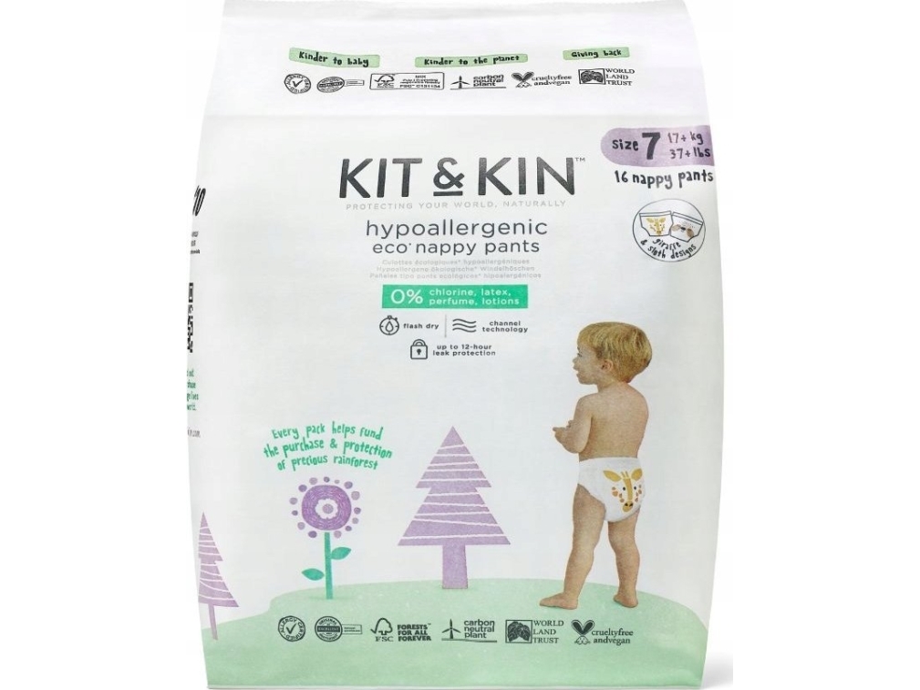 Kit and Kin , Pieluchomajtki Nappy Pants 7 XXL (17kg+), Giraffe/Sloth, 16 szt.