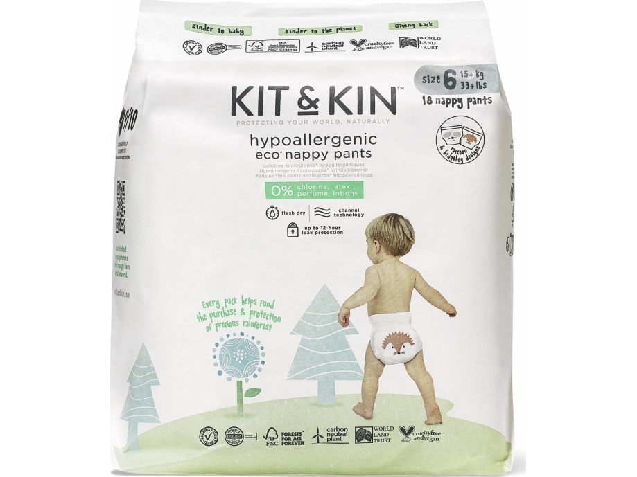 Kit and Kin Kit and Kin, Pieluchomajtki Nappy Pants 6 XL (12-17kg), Hedgehog/Racoon, 18 szt.