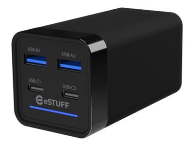 Estuff - Strømforsyningsadapter - Gan - 65 Watt - Pd 3.0, Qc 3.0, Qc 4.0+, Apple 2.4A, Pd/Pps - 4 Output-Stikforbindelser (2 X Usb-C, 2 X 9 Pin Usb T