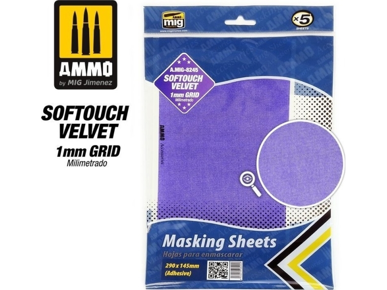 Vallejo Ammo: Softouch Velvet Masking Sheets - 1 mm rasteri - liima (290 x 145 mm) (5)
