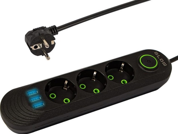 Blow PS-330 3-slot 3xUSB nätverksförlängare 3m svart 2x1mm | EL Artiklar - Andra EL - Pluggar och uttag | GameStuff