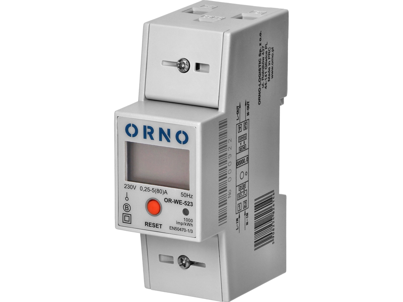 Orno 1-Fas Elförbrukningsindikator, 80A, Mid, Rs485, Extra Indikator, Pulsutgång, Reset-Knapp, 2 Moduler, Din Th-35Mm