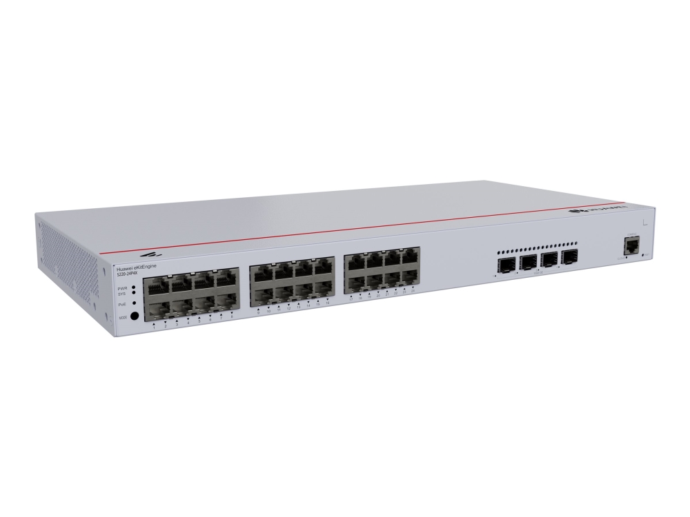 Huawei Ekitengine S220 Series S220 24p4x Switch Administrerad 24 X 10/100/1000 Poe 4 X 10gb Ethernet Sfp Luftflöde Framifrån Till Sida
