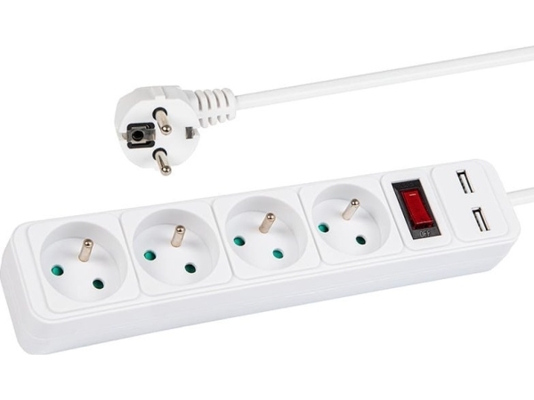 Blow Cable 98-783# Forlængerkabel Pr-470Wsp/Usb 4-Socket+Usb Grounded+Switch 1,5M Hvid 3X1,5Mm