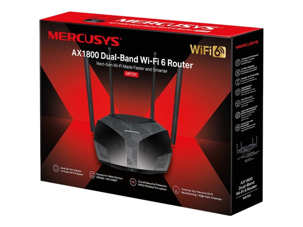 Mercusys MR70X Dual-Band Router 3x10/100/1000 ports, 2.4GHz/5GHz, 802.11ax,1201+574Mbps, 4xFixed Omni-Directional Antennas