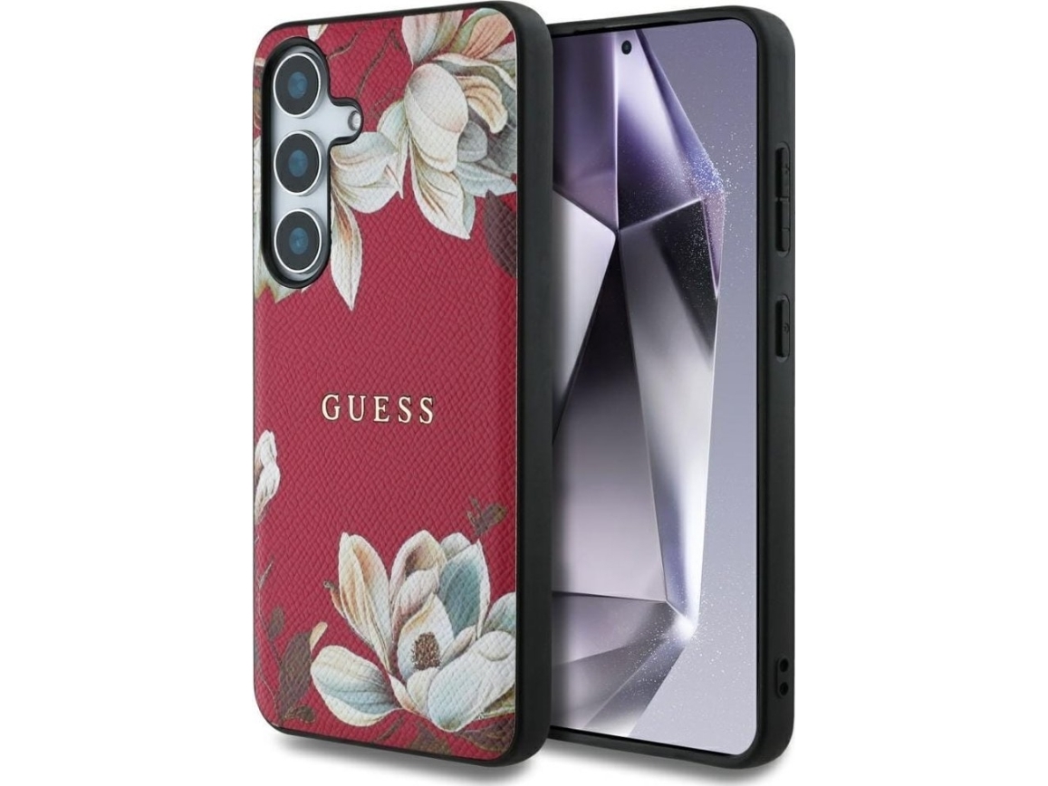 Guess Grained Printed Flower Pattern Magsafe Case For Samsung Galaxy S25 Fuchsia