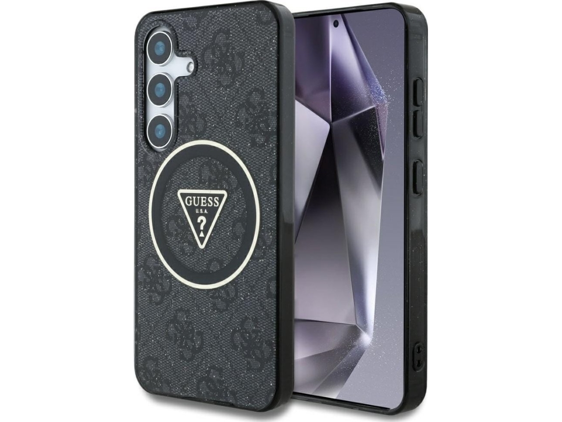 Guess 4G Glitter Triangle Buttons Magsafe Case For Samsung Galaxy S25 Plus Black