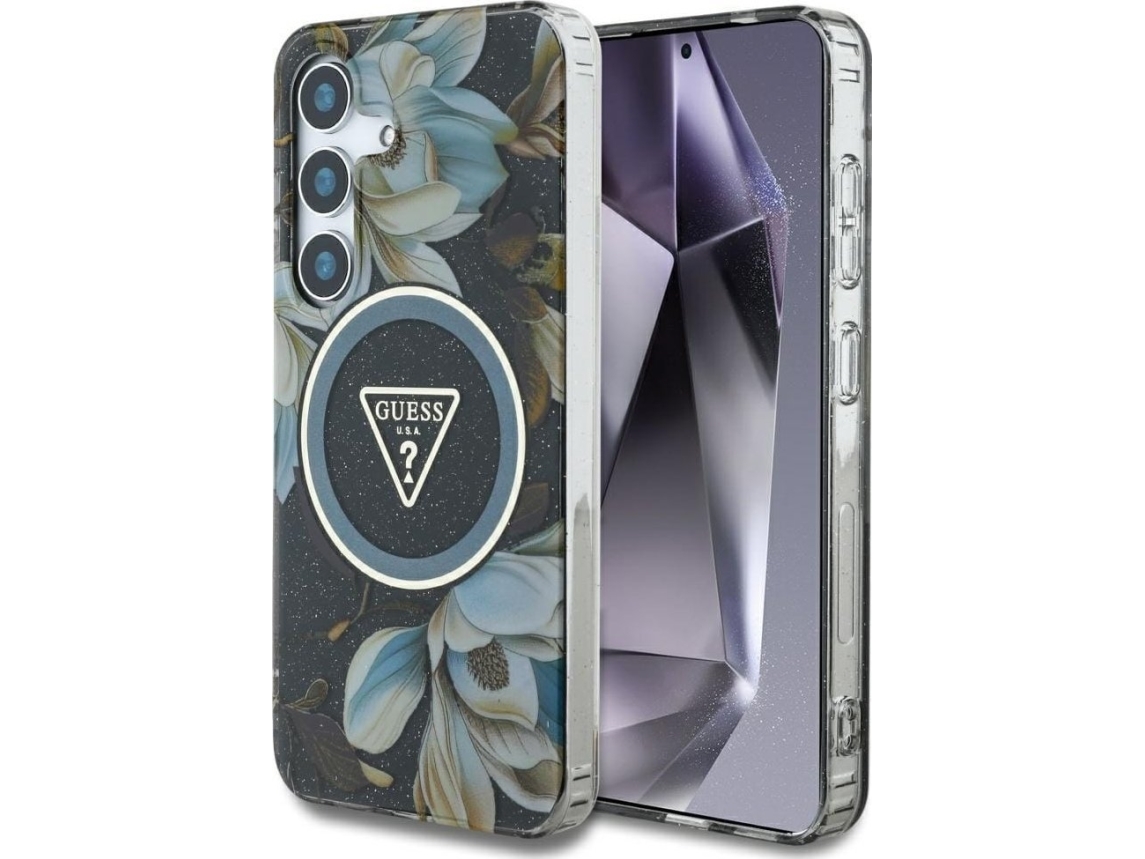 Guess Glitter Flowers Triangle Buttons Magsafe Case For Samsung Galaxy S25 Black