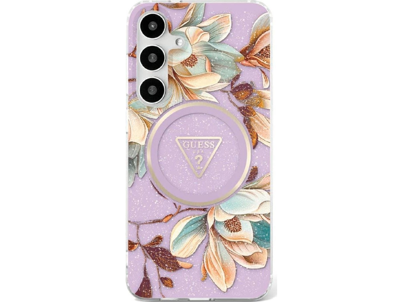 Guess Tasche Für Samsung S25 Ultra Guhms25lhflpedu (Magnetische Iml Metall Glitter Blumen Dreieck) Lila