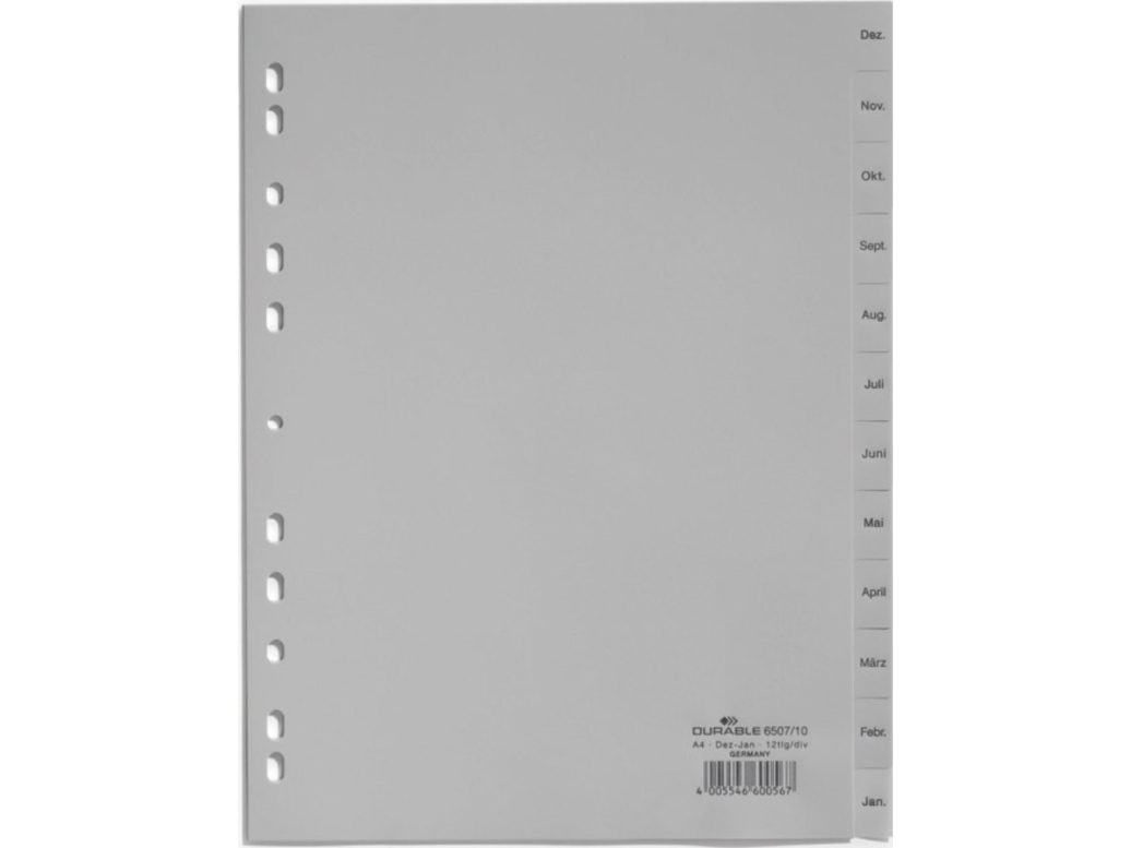Durable - Deler - 12 Dele - Præ-Trykt: Dez-Jan - For A4 (210 X 297 Mm) - Med Faneblade - Grå
