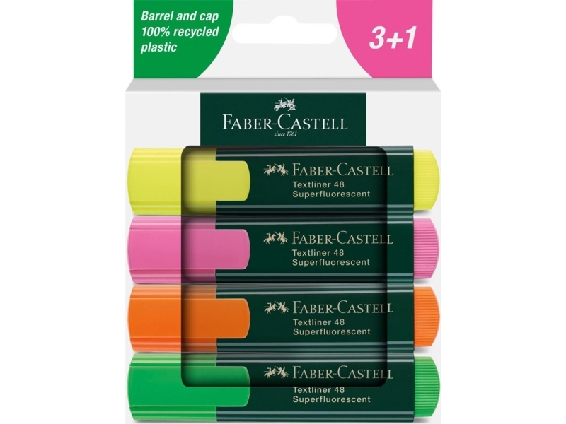 Faber-Castell Textliner 48, 4 Stück(E), Grün, Orange, Pink, Gelb, Recycelbarer Kunststoff, 1 Mm, 5 Mm, Tinte Auf Wasserbasis
