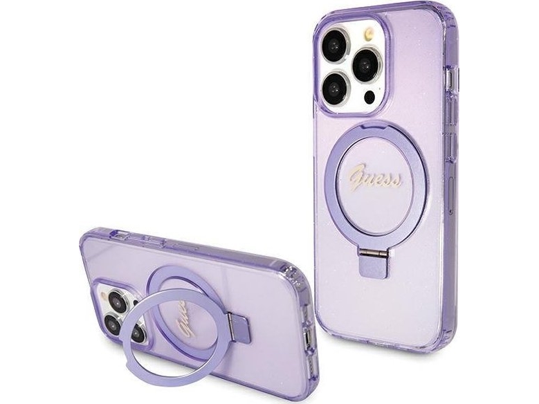 Apple Iphone 15 Pro Guess Dėklas Ring Stand Script Glitter Magsafe (Guhmp15lhrsgsu) Violetinės Spalvos