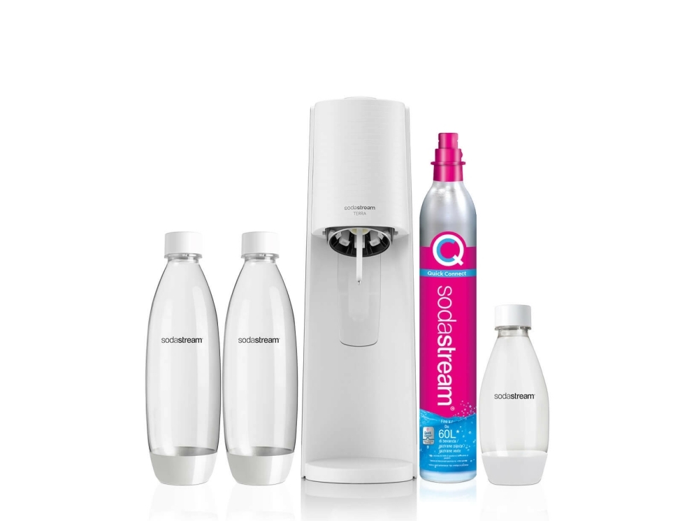 SodaStream Sodavandsmaskine Terra - Megapakke - Hvid - 2 x 1 liters flasker, 1 x 0,5 liters flaske, 1 x Kulsyrepatron