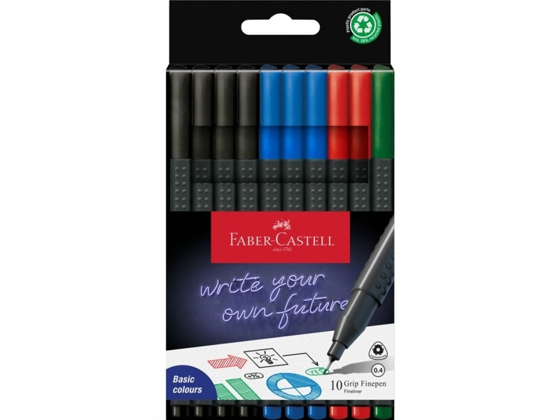 Faber-Castell Grip Finepen, Svart, Blå, Grön, Röd, Fin, Triangel, Metall, 0,4 mm, Låda av kartong | Skrivredskap - Fiberpennor & Fineliner - Fineliner | GameStuff