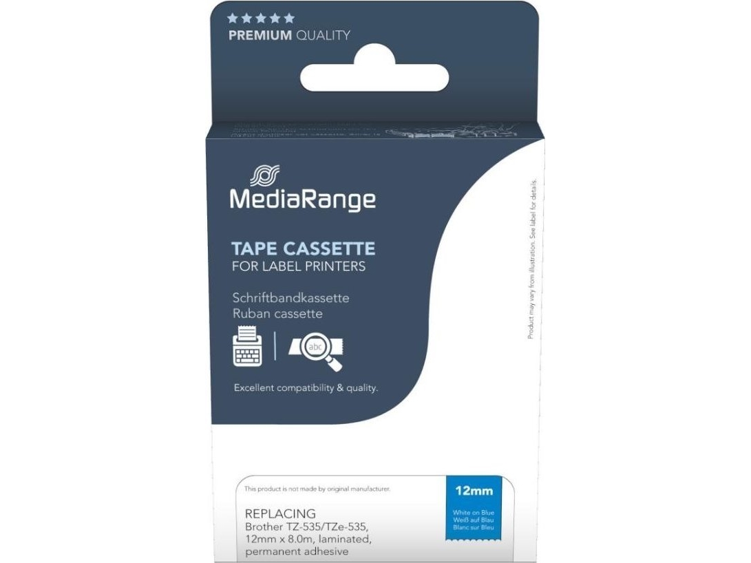 Mediarange Kunststoff-Schriftbandkassette, Für/Ersetzt Brother Tz-535/Tze-535, Permanent Haftend, 12Mm, 8M, Laminiert, Weiß Auf Blau