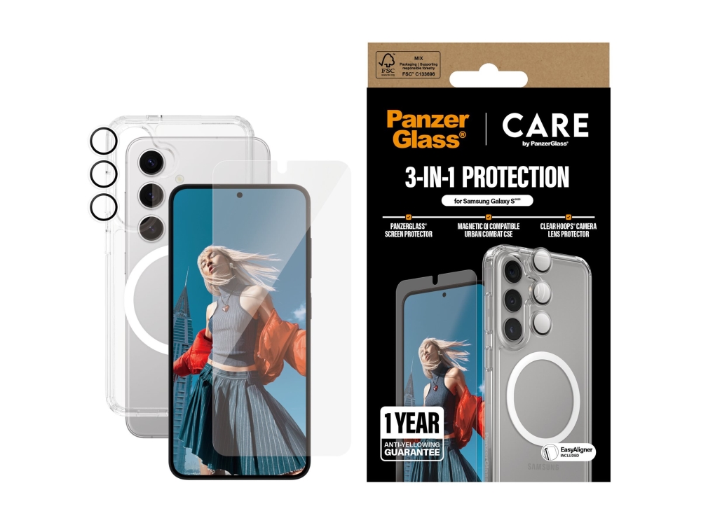 CARE by PanzerGlass Urban Combat - Baksidesskydd för mobiltelefon - 3-i-1 - MagSafe-kompatibilitet - plast - transparent, vit - med skärm- och objektivskydd - för Samsung Galaxy S25 | Tele & GPS - Mobil tillbehör - Skärmskydd | GameStuff