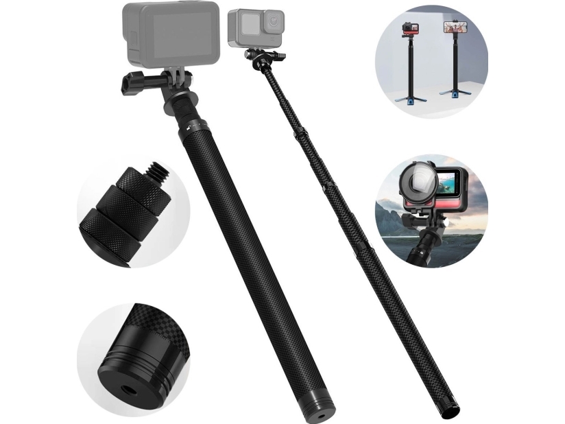 telesin hiilikuituinen selfiekeppi urheilukameroille, 1,16 m pitkä
